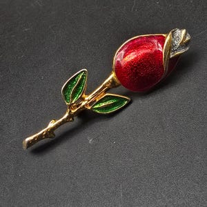 Red Enamel Rose Flower Brooch Stem Flower Floral Costume Jewelry