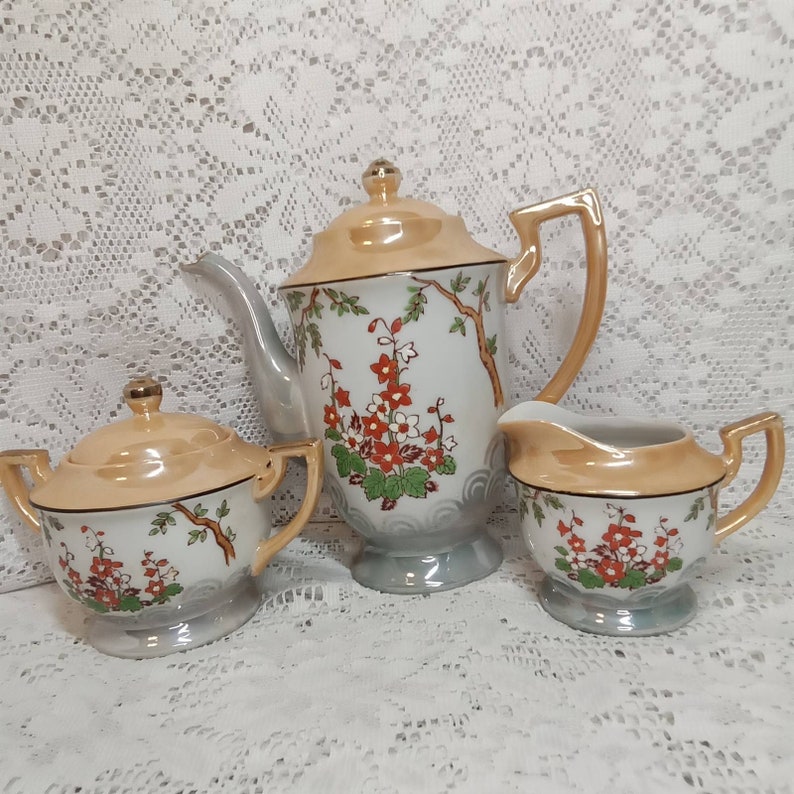 Chikaramachi Tea Set Handpainted Japan Lusterware Teapot Red Flowers Demitasse Set Etsy