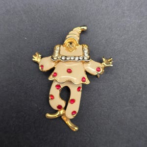 Enamel Clown Brooch Cream Red Articulated Bottom Vintage Costume Jewelry