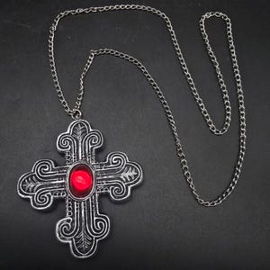 Silver Tone Maltese Cross Pendant Necklace with Red Cabochon