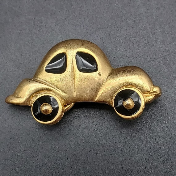 Gold Tone Beetle Car Brooch Automobile Theme Vint… - image 2
