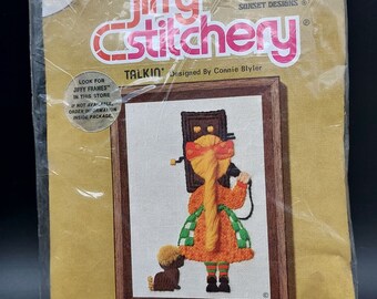 Jiffy Stichery 1970s Crewel Embroidery Kit Girl with Dog Connie Blyler