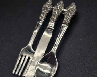 Rhinestone Utensil Brooch Silver Tone Dining Restaurant Foodie Gift