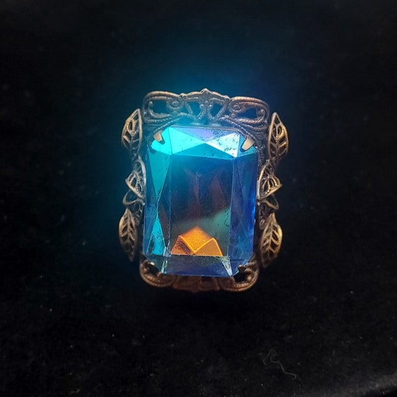 Signed KIM Vintage Ring Bronze Tone Filigree Blue… - image 10