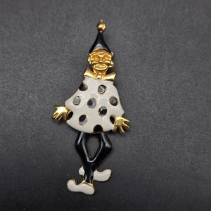 Black White Enamel Clown Jester Brooch Circus Vintage 1980s Costume Jewelry