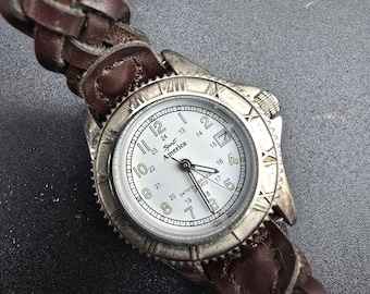 Sport America Wrist Watch Brown Braided Band White Silver Tone Face WORKS