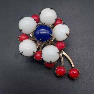 Red White Blue Prong Set Flower Brooch Vintage Patriotic Costume Jewelry