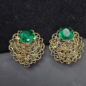 Gold Tone Filigree Clip On Earrings Green Rhinestone Vintage Costume Jewelry