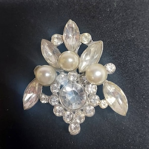 Vintage Rhinestone and Faux Pearl Statement Brooch Costume Jewelry