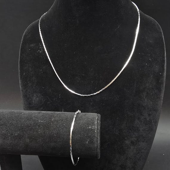 Silver Tone Flat Thin Chain Necklace Bracelet Set… - image 1