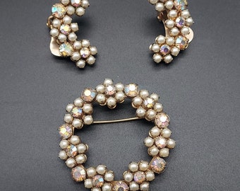 Aurora Borealis Rhinestone Faux Pearl Brooch w/ Clip On Earrings Set VIntage