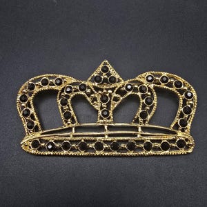 Gold Tone Black Rhinestone Crown Brooch Royal Vintage Costume Jewelry