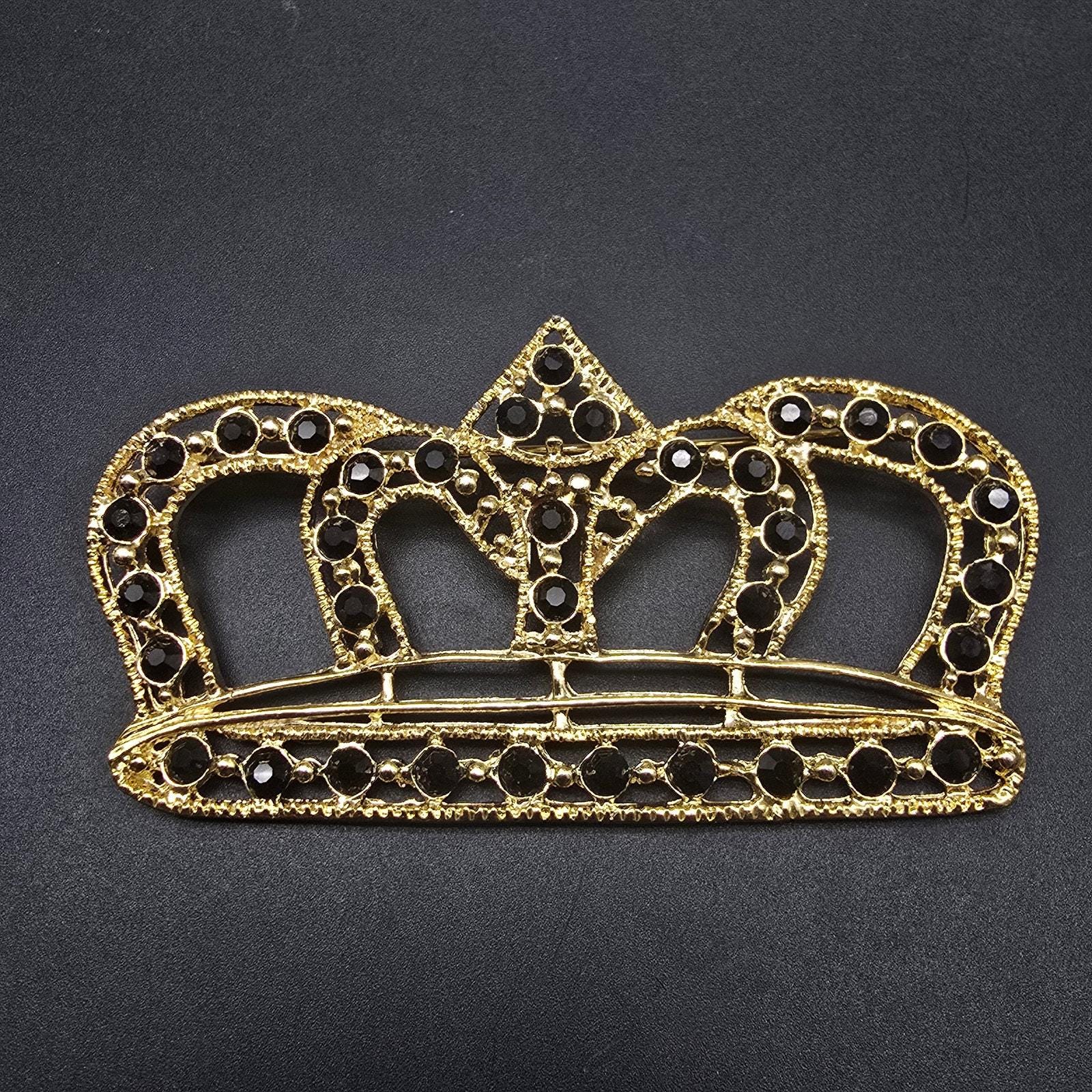 Gold Tone Black Rhinestone Crown Brooch Royal Vintage Costume Jewelry