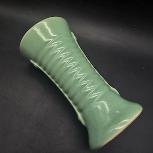 Brush Pottery Ribbed Teal Vase Vintage USA Ceramic