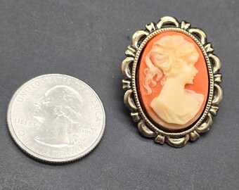 Vintage Acrylic Cameo Brooch Orange White Lady Portrait Silver