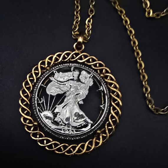 1943 Walking Lady Liberty Cut Coin Pendant Necklace Vintage Currency