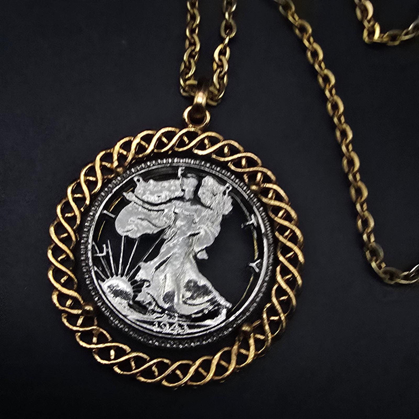 1943 Walking Lady Liberty Cut Coin Pendant Necklace Vintage