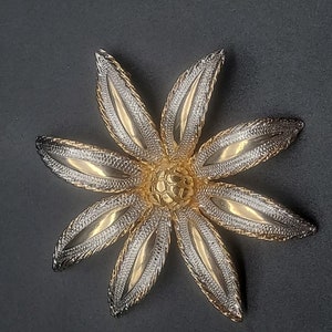 Signed Kramer Gold and Silver Tone Flower Brooch Vintager 1960s Costume Jewelry