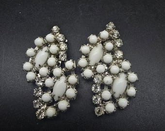 Milk Glass Clear Rhinestone Clip On Earrings Vintage Glam Costume Jewelry