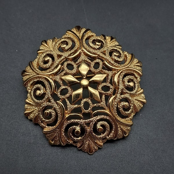 Monet Brooch Vintage Gold Tone Filigree Design Costume Jewelry