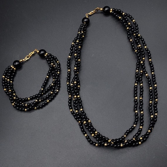 Marvella Black Beaded Necklace Bracelet Set Vinta… - image 9