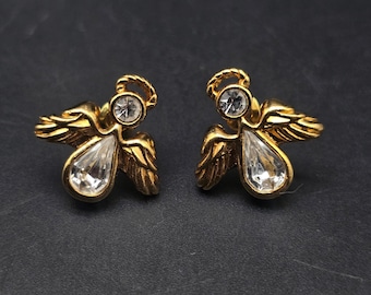 Avon 1996 Angelic Sparkle Earrings Pierced Post Stud Gold Tone Rhinestone Angels