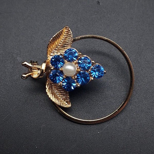 Blue Rhinestone Flower Brooch Circle Vintage Costume Jewelry