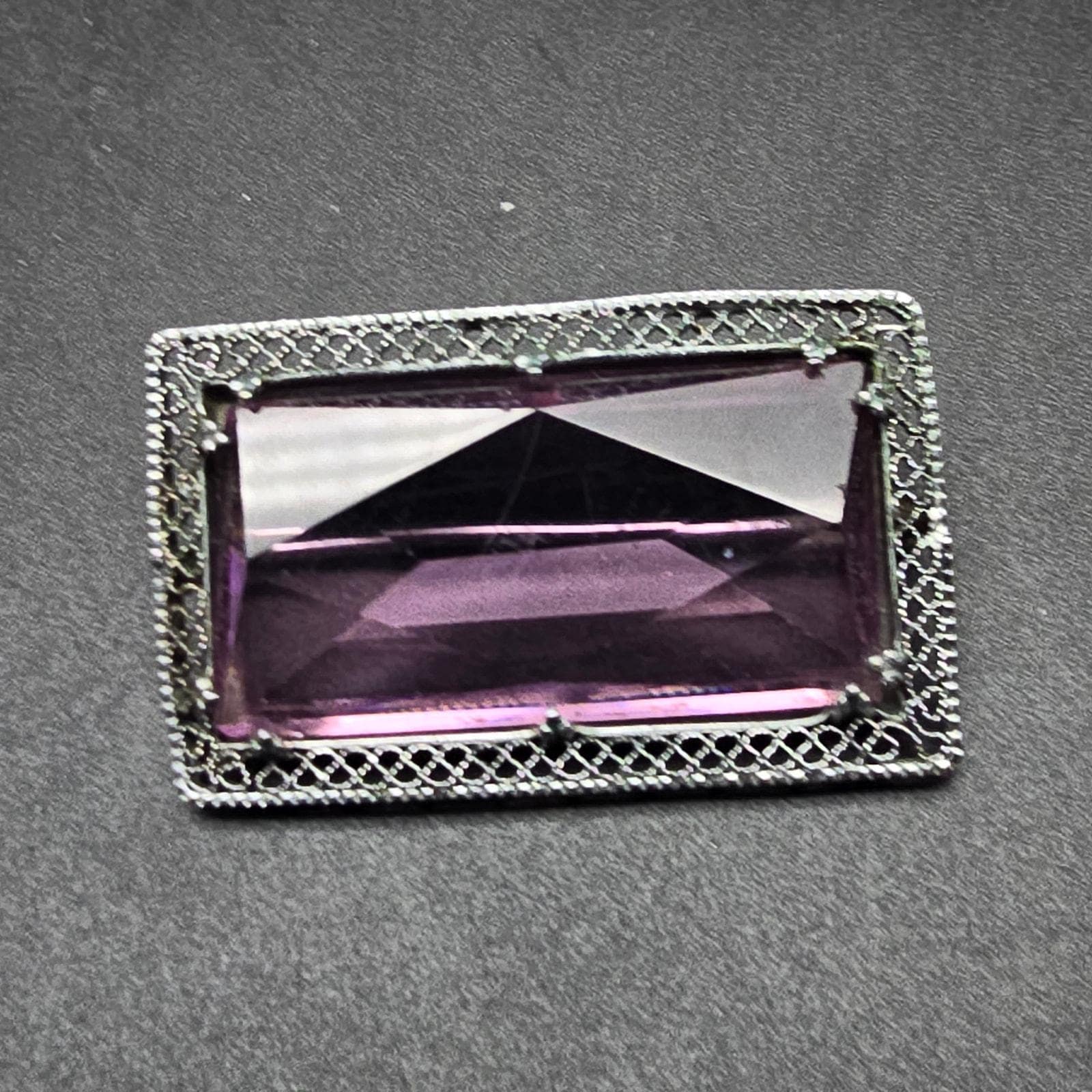 Purple Czech Glass Rectangle Brooch Silver Tone Vintage Costume Jewelry