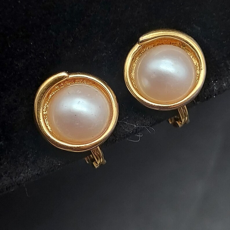 Vintage Faux Pearl Cabochon & Gold Frame Earrings