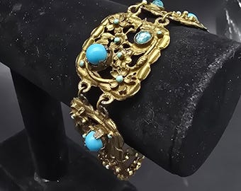 Bronze Tone Flower Panel Bracelet Blue Rhinestone Cabochon Vintage Jewelry