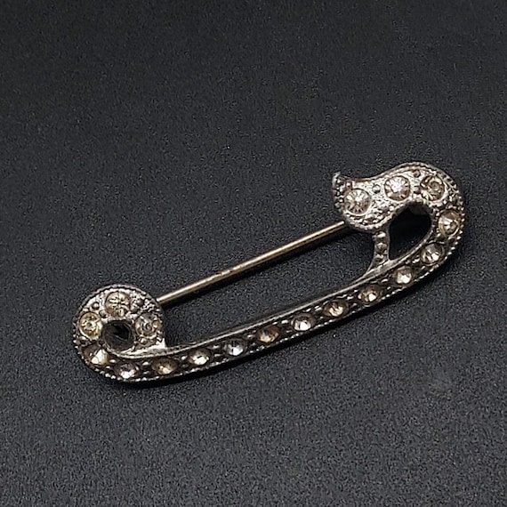 Rhinestone C-Clasp Brooch Safety Pin Shape Vintag… - image 1