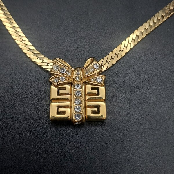 Givenchy Logo Present Necklace Rhinestones Gold Tone Four Gs