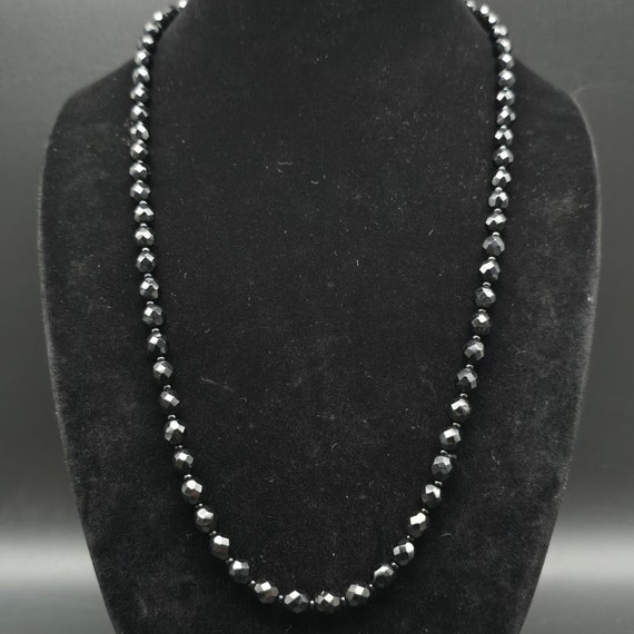 Jet Black Glass Faceted Beaded Necklace Vintage Barrel Clasp