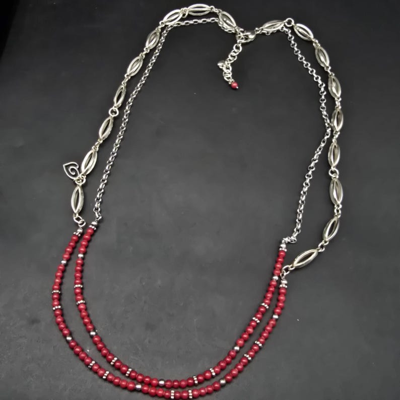 Brighton Red Beaded Necklace Silver Tone Double Strand image 2