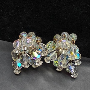 Aurora Borealis Beaded Clip On Earrings Cha Cha VIntage Costume Jewelry Rainbow