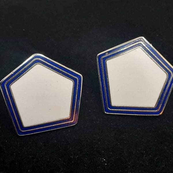 Signed Roman Brand Blue and White Enamel Earrings 1980s Costume Jewelry