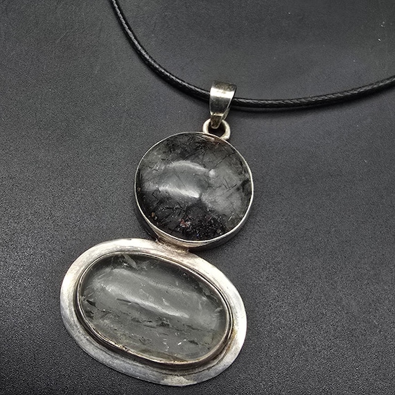 Rutilated Smokey Quartz Sterling Silver Pendant Necklace Black Cord