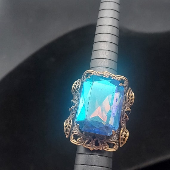 Signed KIM Vintage Ring Bronze Tone Filigree Blue… - image 9