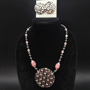 Lee Sands Pink Shell Abalone Necklace Earrings Set Hematite Rose Quartz