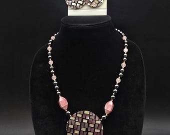 Lee Sands Pink Shell Abalone Necklace Earrings Set Hematite Rose Quartz