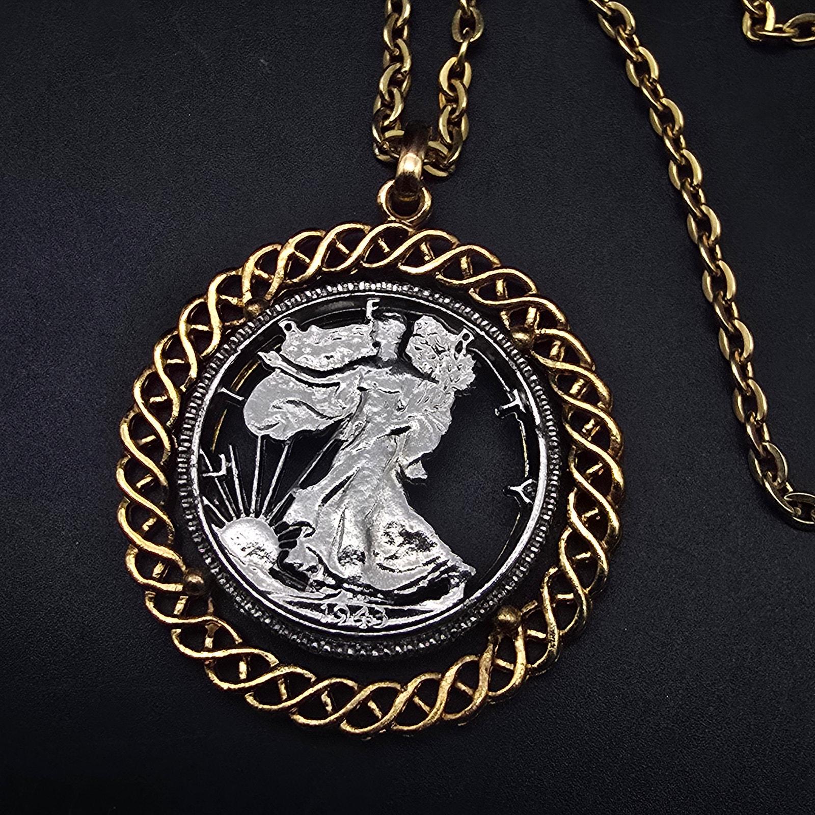 1943 Walking Lady Liberty Cut Coin Pendant Necklace Vintage