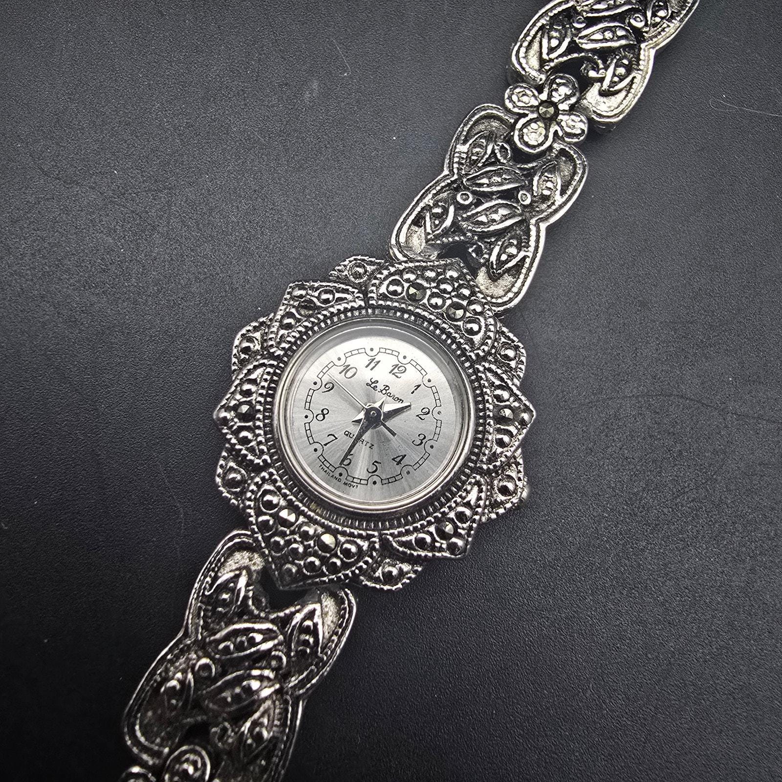 Gorgeous Art Deco Floral Marcasite Bracelet Wristwatch Japan Quartz New Battery Buy Strada Purple and White Crystal Japanese Movement  main image 4