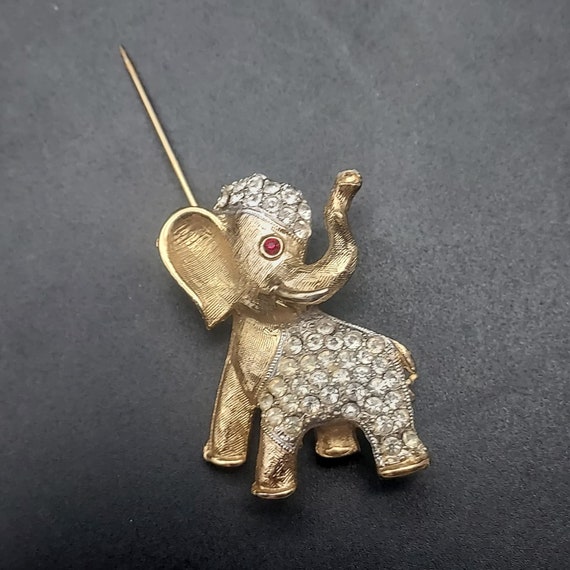 Gold Tone Pave Rhinestone Elephant Brooch Trunk U… - image 2