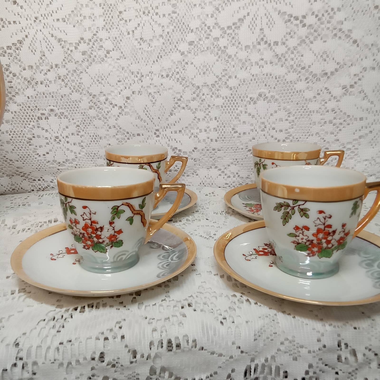 Chikaramachi Tea Set Handpainted Japan Lusterware Teapot Red Flowers