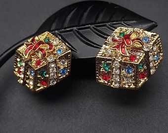 Vintage Christmas Present Earrings Studs Gold Tone Glass Rhinestones