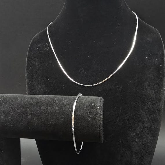 Silver Tone Flat Thin Chain Necklace Bracelet Set… - image 8