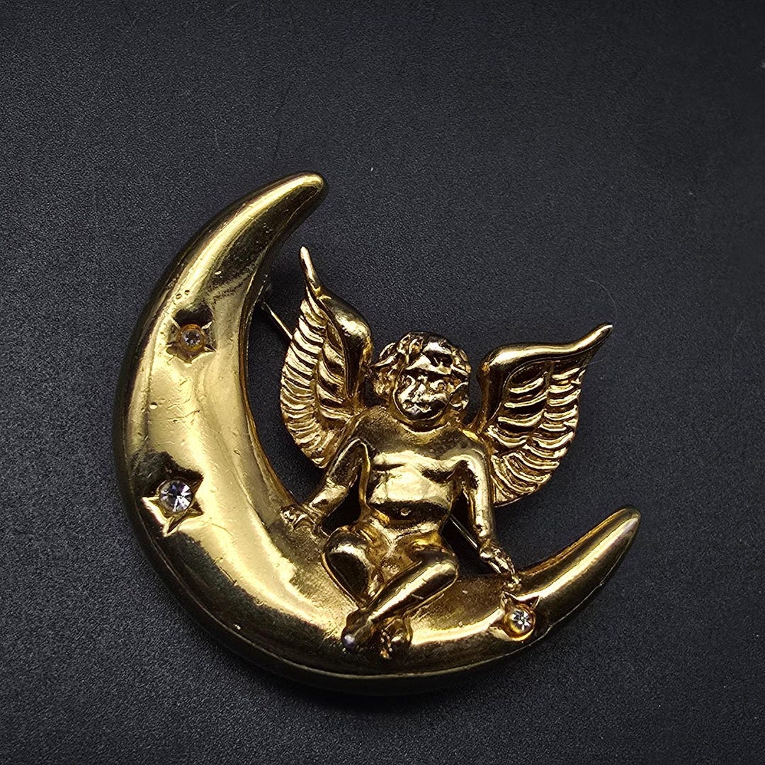 Givenchy Half Moon Brooch Angel Cherub Crescent Moon Rhinestone Givenchy Half Moon Brooch Angel Cherub Crescent Moon Rhinestone