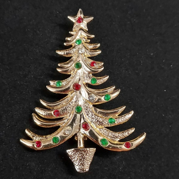 Vintage Tancer II Rhinestone Christmas Tree Brooch Gold Tone