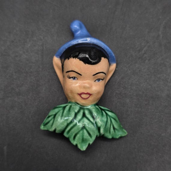 Vintage Ceramic Pixie Elf Brooch Whimsical Christmas Artisan Hand Crafter