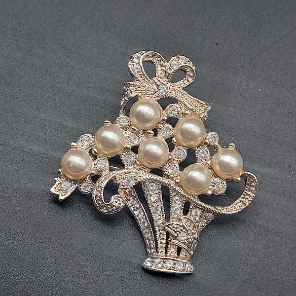 Roman Rhinestone Basket Brooch Faux Pearls Easter Spring Vintage Costume Jewelry